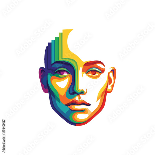 Vibrant Multi-Colored Abstract Face. Dynamic artwork featuring a human visage composed of overlapping vivid hues. This expressive graphic symbolizes identity, inner complexity, and diverse.
