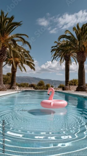 Dreamy Poolside: A tropical oasis beckons with a crystal-clear pool, a playful flamingo float, towering palm trees, and a serene mountainous backdrop. Experience the essence of a perfect vacation day.