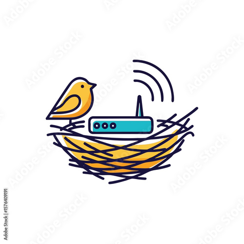 Digital Home Network Harmony. An artistic illustration featuring a bird in a natural nest beside a wireless router with signal waves. This creative graphic symbolizes secure and comfortable internet.