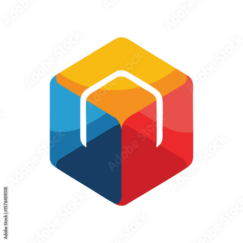 Multicolor Geometric House Logo. Abstract cube illustration with a white domicile outline, representing stable property, secure data, and innovative housing concepts for future living.