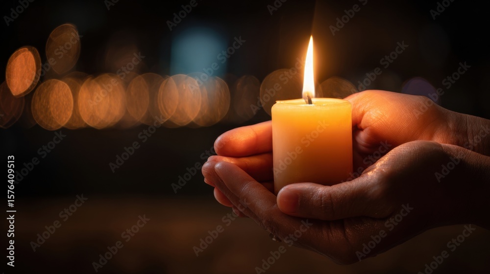 Close-up of hands holding a lit candle at night with blurred lights in background Close-up of hands holding a lit candle at night with blurred lights in background