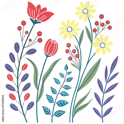 Red tulip yellow daisy blue leaf floral arrangement