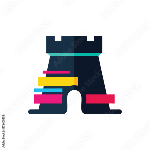 Digital Security Fortress Icon. An abstract illustration representing robust data safeguarding. This vibrant graphic conveys resilience and interconnected electronic layers, symbolizing a strong.