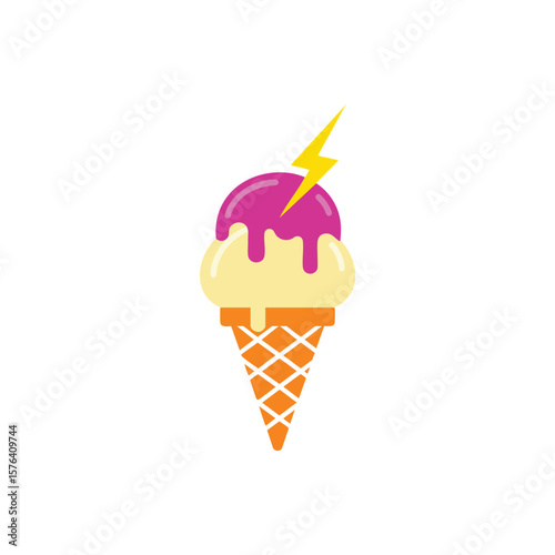 Energetic Ice Cream Cone Graphic. A colorful dessert illustration featuring a refreshing scoop with a bright pink topping and a yellow lightning symbol, conveying a sense of vibrant power.