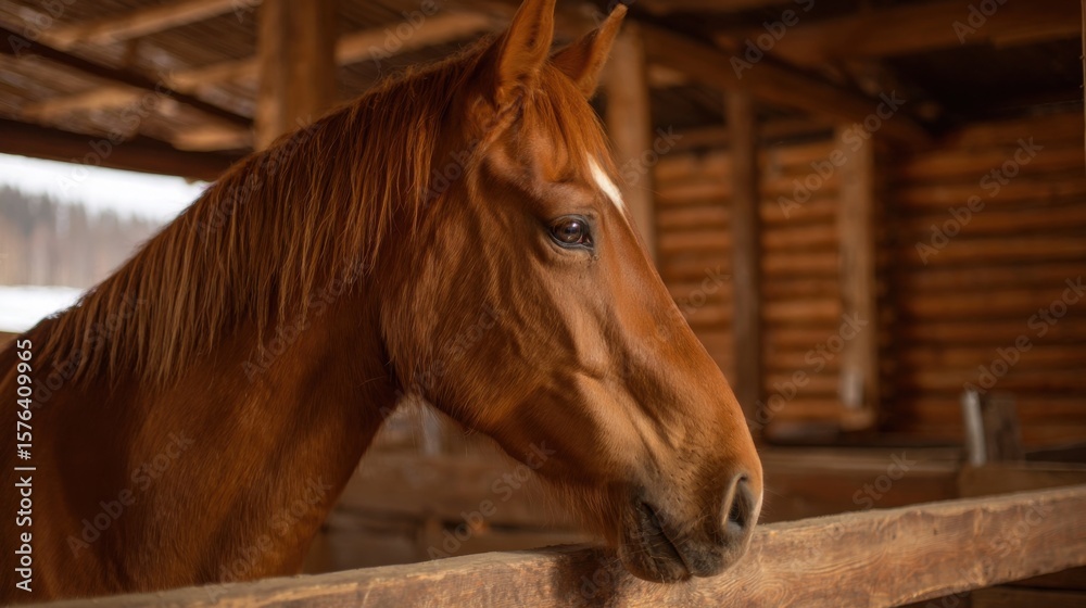 Fototapeta premium Close-up of a brown horse with a shiny coat inside a rustic wooden stable with warm lighting