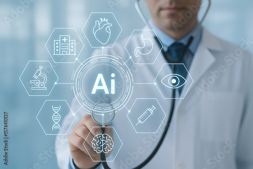 Doctor using artificial intelligence to manage advanced medical diagnosis with digital healthcare interface icons showing innovation in futuristic clinical treatment technology