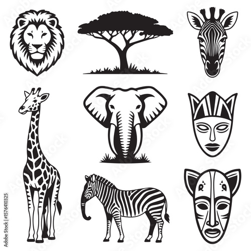 African wildlife icons featuring a lion, giraffe, elephants, zebras, acacia tree, and tribal masks