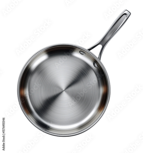 Empty stainless steel frying pan on transparent background