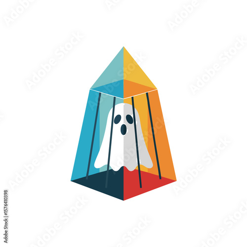 Trapped Ghost in Colorful Prism. A spectral entity is held captive within a lively, geometric enclosure. This visual metaphor conveys feelings of restriction, limitation, or a desire for liberation.
