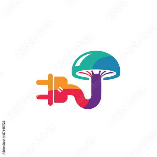 Eco Power Technology Symbol. Vibrant graphic fusing a natural fungus with an electrical connector. This concept art represents green energy, sustainable innovation, and organic systems.