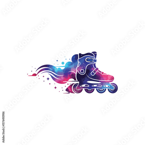 Cosmic Speed Skate Watercolor Style. Dynamic inline rollerblades depicted with vibrant nebular colors, conveying boundless energy and exhilarating freedom on wheels.