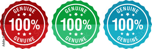 100% genuine guarantee badge with stars in rounded shape. Vector certified icon for quality assurance, original product, authenticity seal, warranty, and trust approval design.