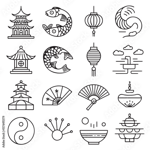 A collection of traditional asian cultural symbols featuring temples, koi fish, lanterns, fans, and yin yang