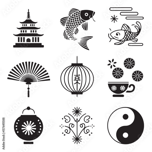 A compilation of asian cultural icons such as temples, koi fish, lanterns, fans, and yin yang symbols