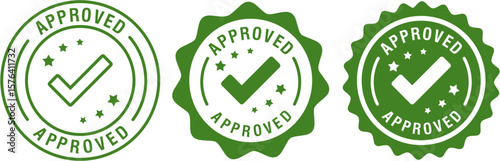 Set of green approved stamp seals, emblems, and circle badge logos with check marks. Vector approval icons for verification, certified, quality guarantee, and trusted confirmation.