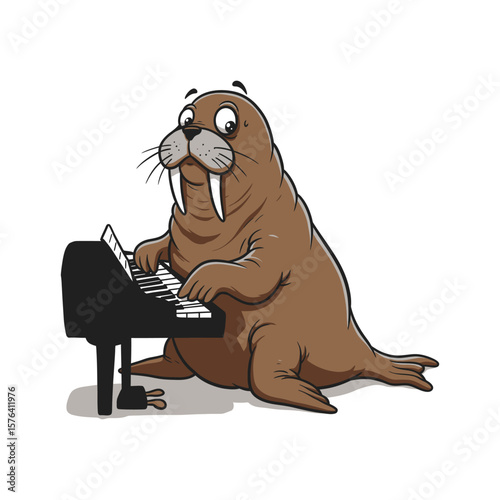 Funny Cartoon Walrus Playing Piano - Humorous Animal Music Clipart