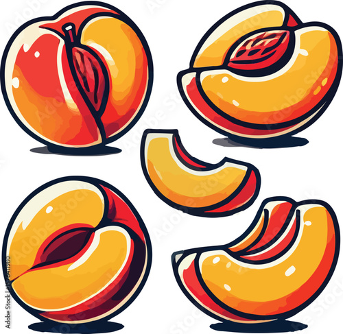 Illustration of stylized peaches and slices in different positions on a white background