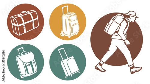 "Silhouette travel icon bundle: suitcase with wheels, rolling luggage, hiking pack, garment bag, duffel silhouette design pack"

