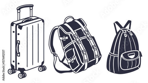 "Silhouette travel icon bundle: suitcase with wheels, rolling luggage, hiking pack, garment bag, duffel silhouette design pack"

