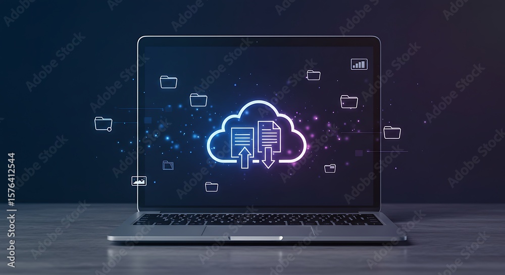 Fototapeta premium Modern laptop displaying cloud storage with file transfer icons and data visualization