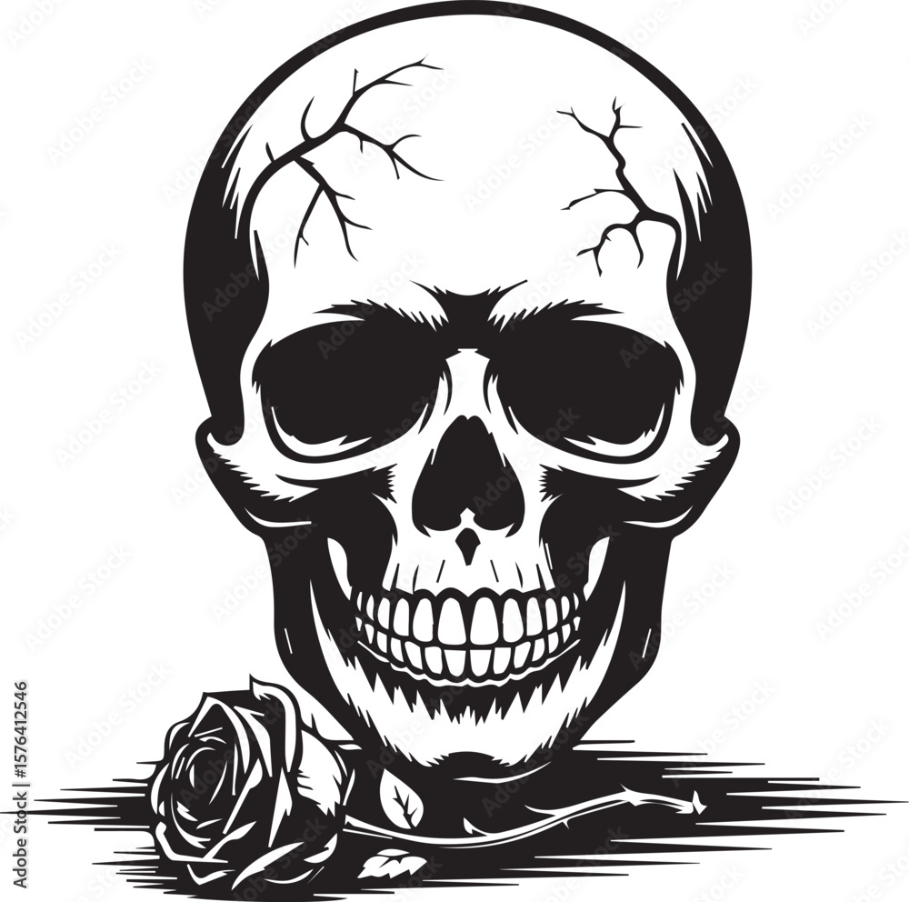 Fototapeta premium Human skull with flower vector. Horror design vector.