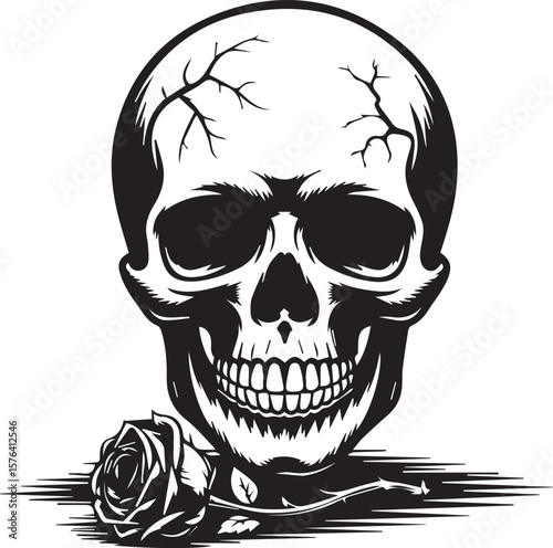 Human skull with flower vector. Horror design vector.
