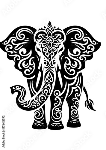 An ornate elephant is isolated on white background in black and white