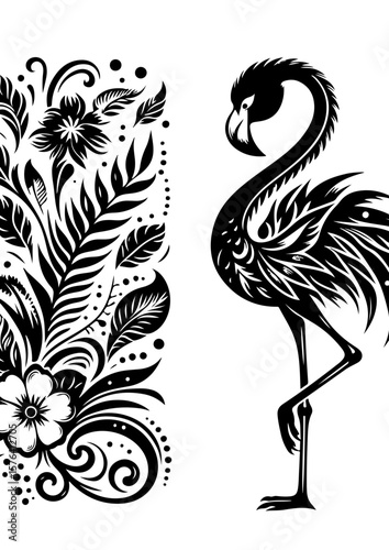 Elegant flamingo silhouette with tropical floral design isolated on white background