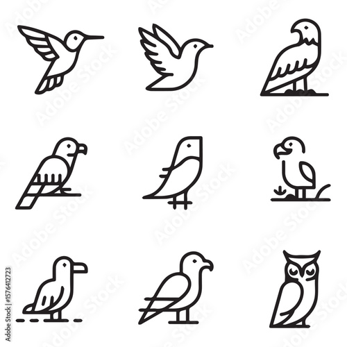 A collection of nine distinct bird icons in a simple black outline style, showcasing various avian species