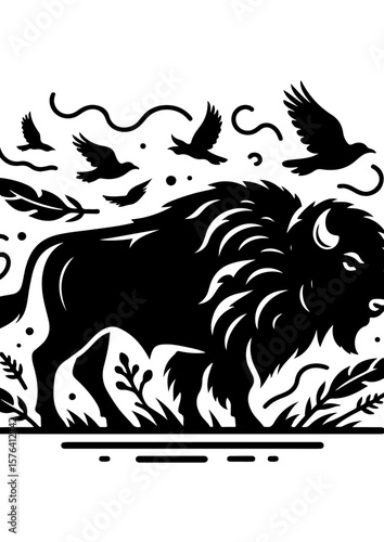 A powerful bison silhouette with birds in flight against a white backdrop