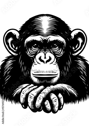A thoughtful monkey with hands clasped is isolated on white background