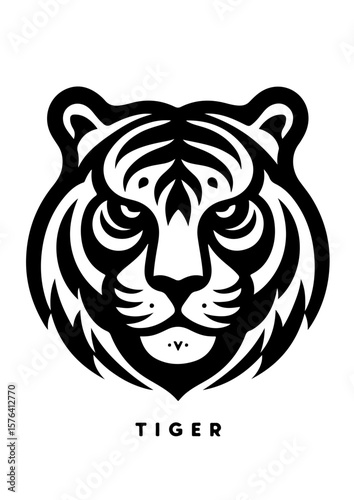 A fierce tiger head is isolated on white background in black and white