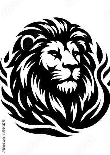 A majestic lion head with a fiery mane is isolated on white background
