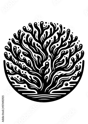 A black and white coral design in a circular shape