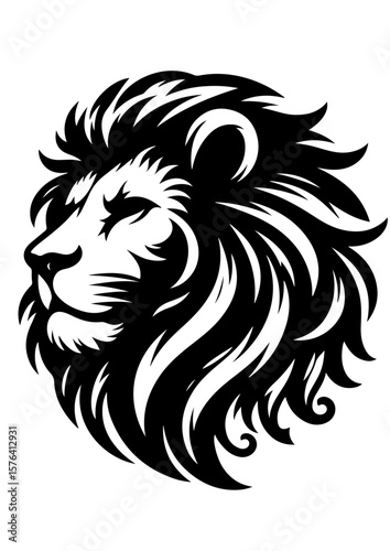 A black and white illustration of a majestic lions head