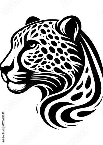 A black and white graphic illustration of a leopards head