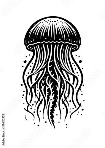 A black and white illustration of a jellyfish