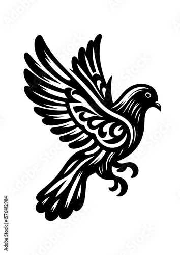 A black and white graphic of a dove in flight