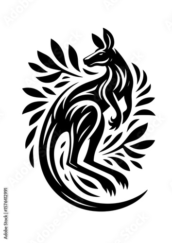 A kangaroo is surrounded by leaves in a decorative black and white design