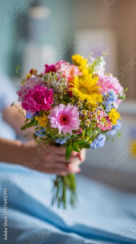 Vibrant summer wildflower bouquet with soft pink peonies, bright yellow daisies, and delicate blue forget-me-nots, tied with a rustic twine in a charming countryside arrangement