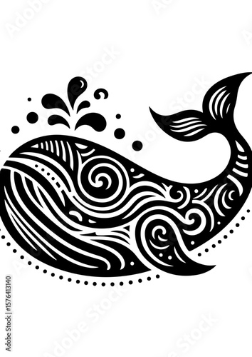 A decorative whale with water splash isolated on white background