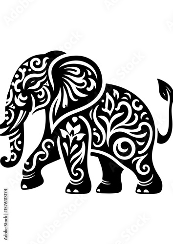 An elephant with floral patterns walks across a white background