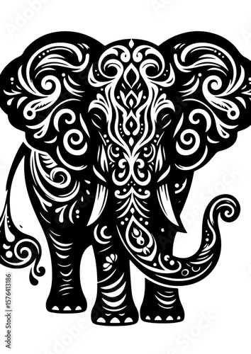An elephant with ornate patterns stands gracefully on white