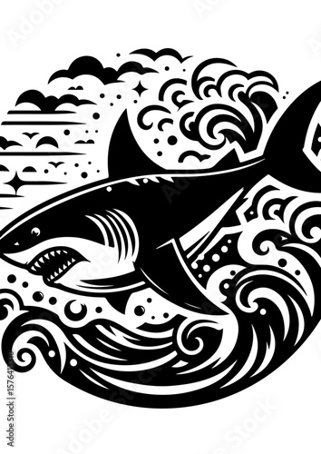 A black and white illustration of a shark swimming in the ocean