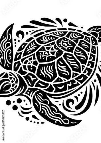 A black and white illustration of a sea turtle with ornate patterns