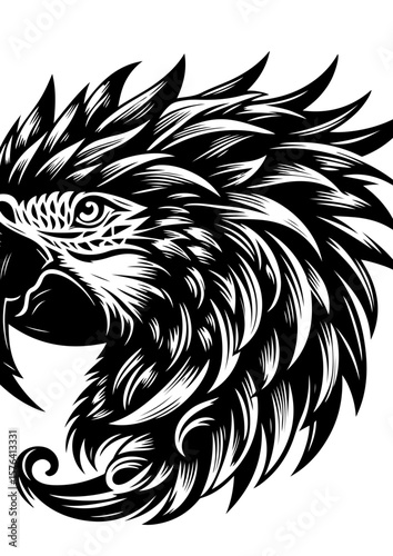A black and white drawing of an eagle head with fierce expression