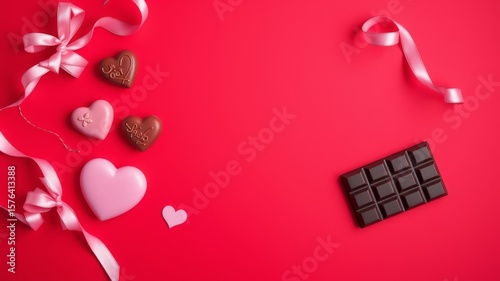 Heart shaped chocolates and ribbon with chocolate bar on a vibrant red background layout