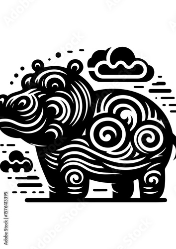 A black and white hippo with decorative patterns isolated on white background