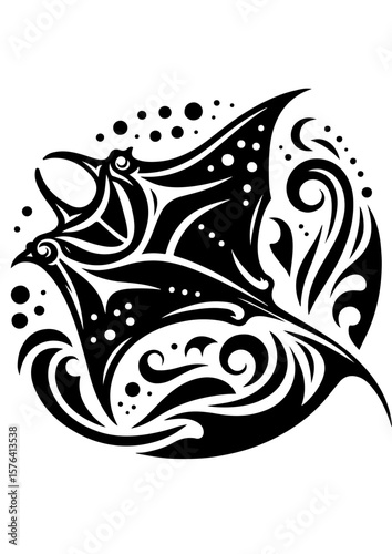 A black and white illustration of a manta ray swimming in the ocean