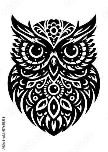 An ornate owl with intricate patterns isolated on white background